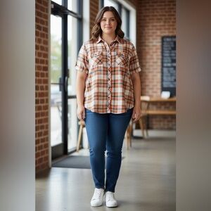 French Twist, Plaid Blouse, 1X Plus Size, Orange, White & Black